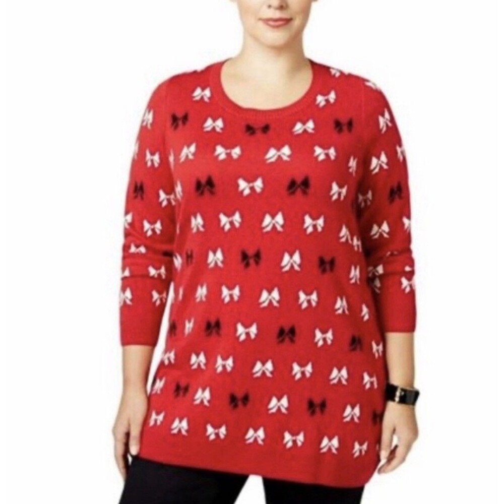 Charter Club Women's Size 2X Red Crewneck Whimsy Bows Pattern Tunic Sweater
